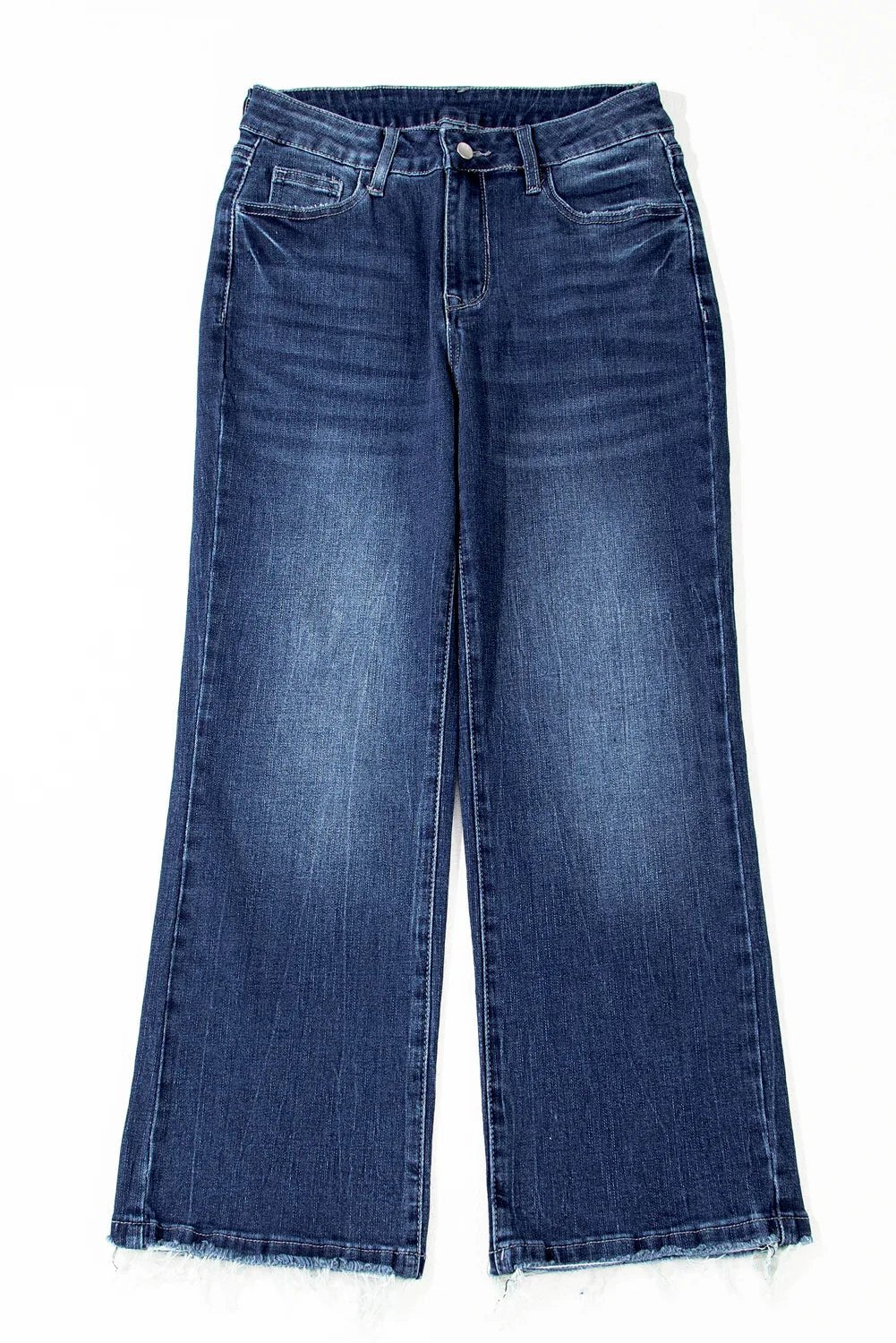 Sail Blue Mineral Wash Raw Hem High Waist Flared Jeans - minbolu