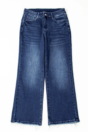 Sail Blue Mineral Wash Raw Hem High Waist Flared Jeans - minbolu -