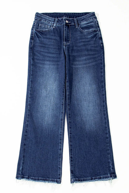 Sail Blue Mineral Wash Raw Hem High Waist Flared Jeans - minbolu