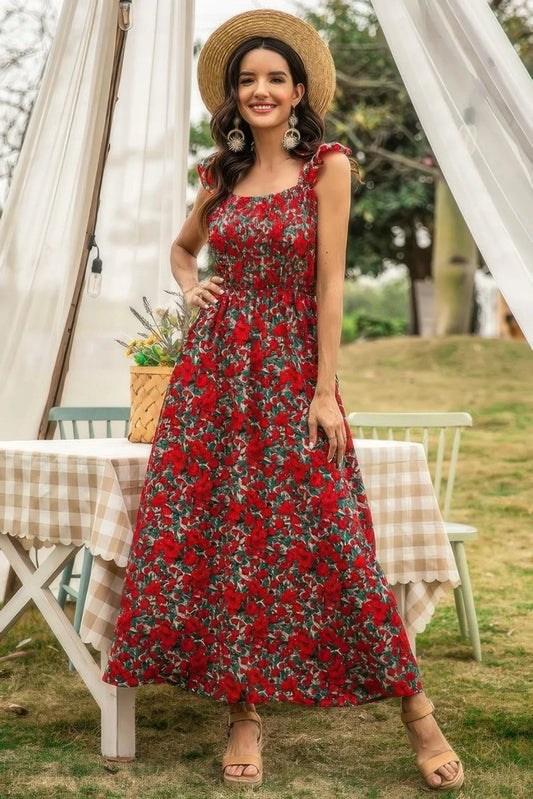 Scoop Neck Maxi Dress - Sleeveless Floral Long Dress for Women - minbolu
