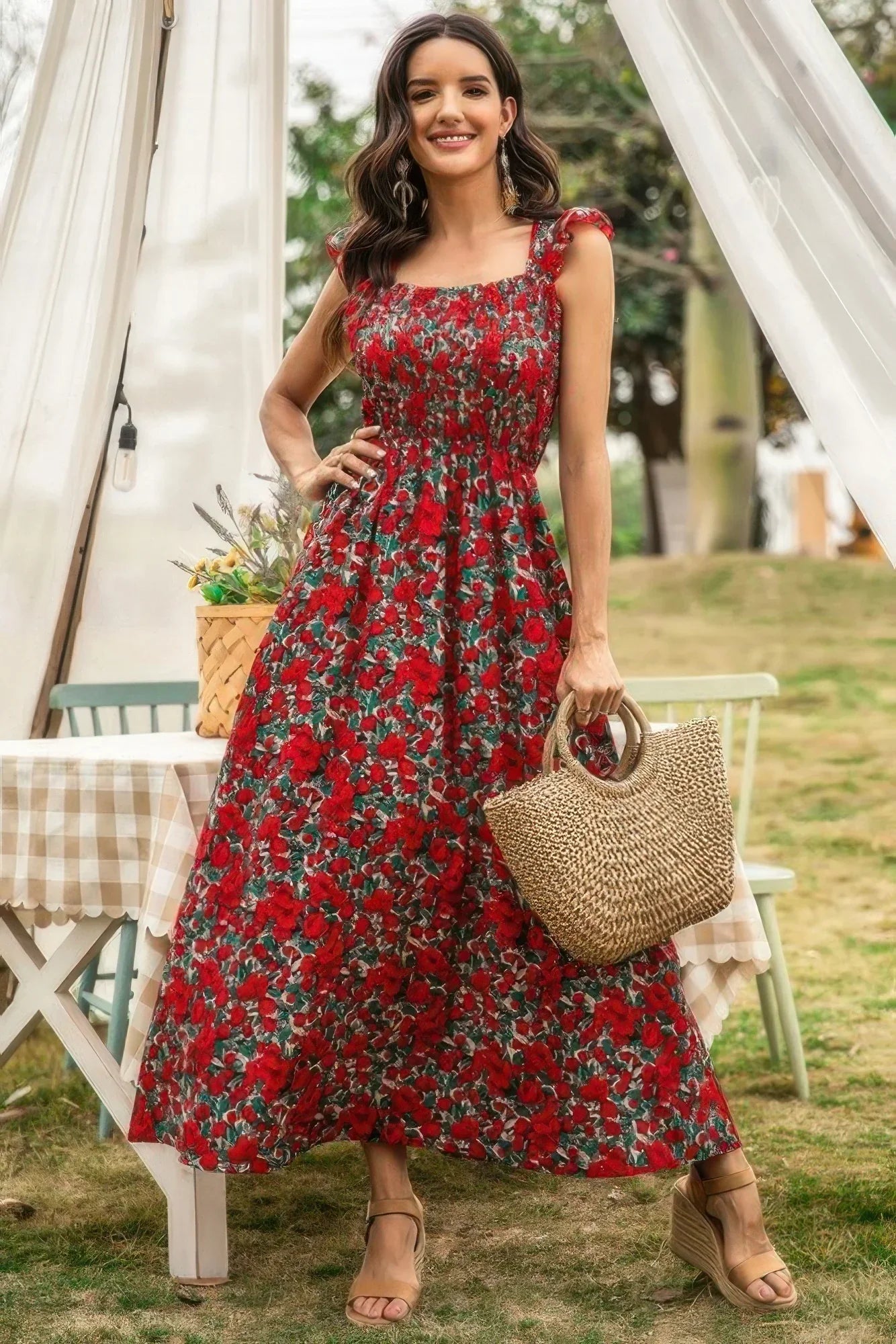 Scoop Neck Maxi Dress - Sleeveless Floral Long Dress for Women - minbolu