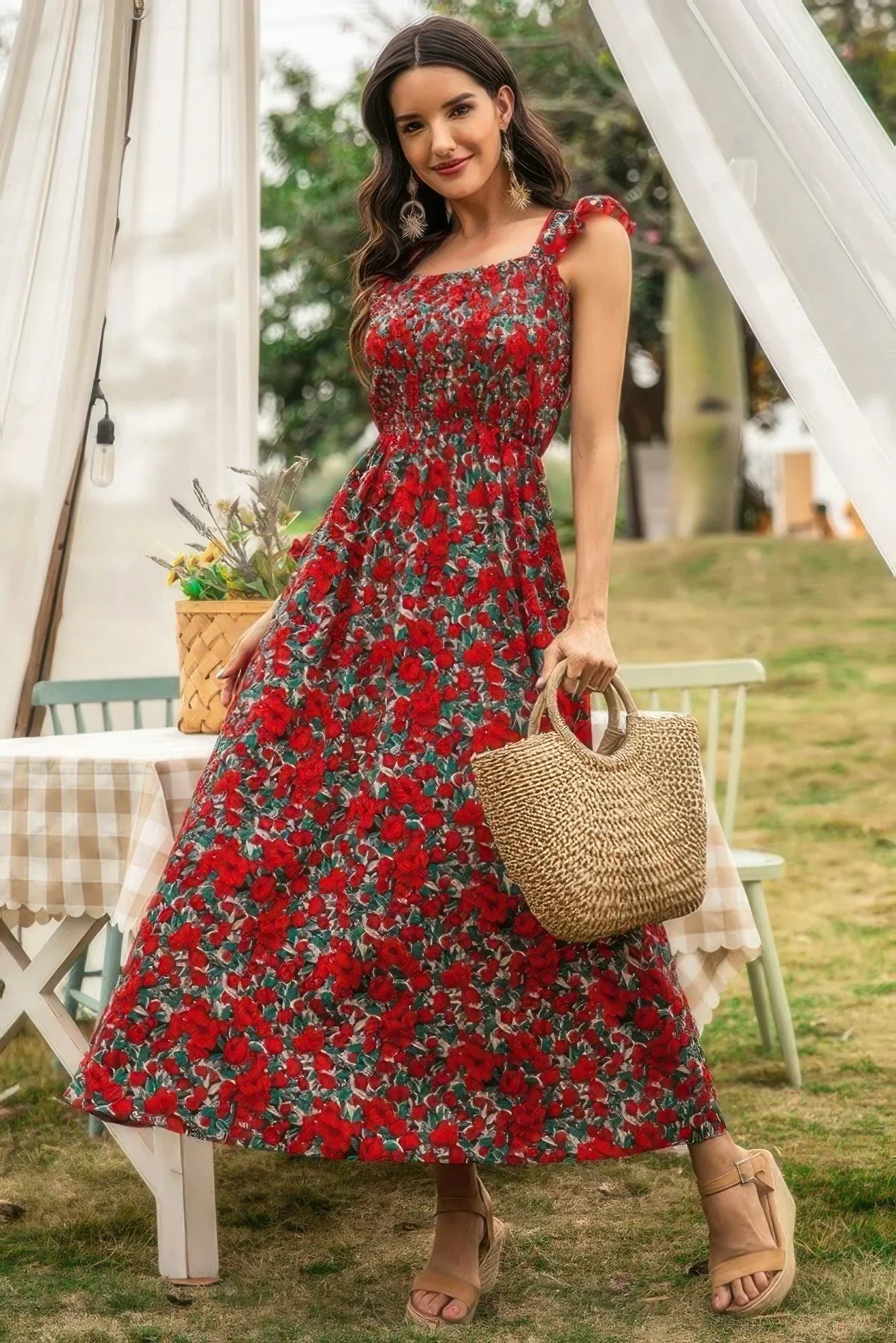 Scoop Neck Maxi Dress - Sleeveless Floral Long Dress for Women - minbolu
