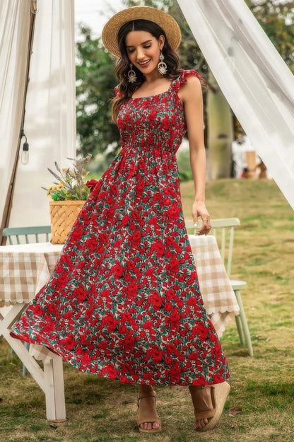 Scoop Neck Maxi Dress - Sleeveless Floral Long Dress for Women - minbolu