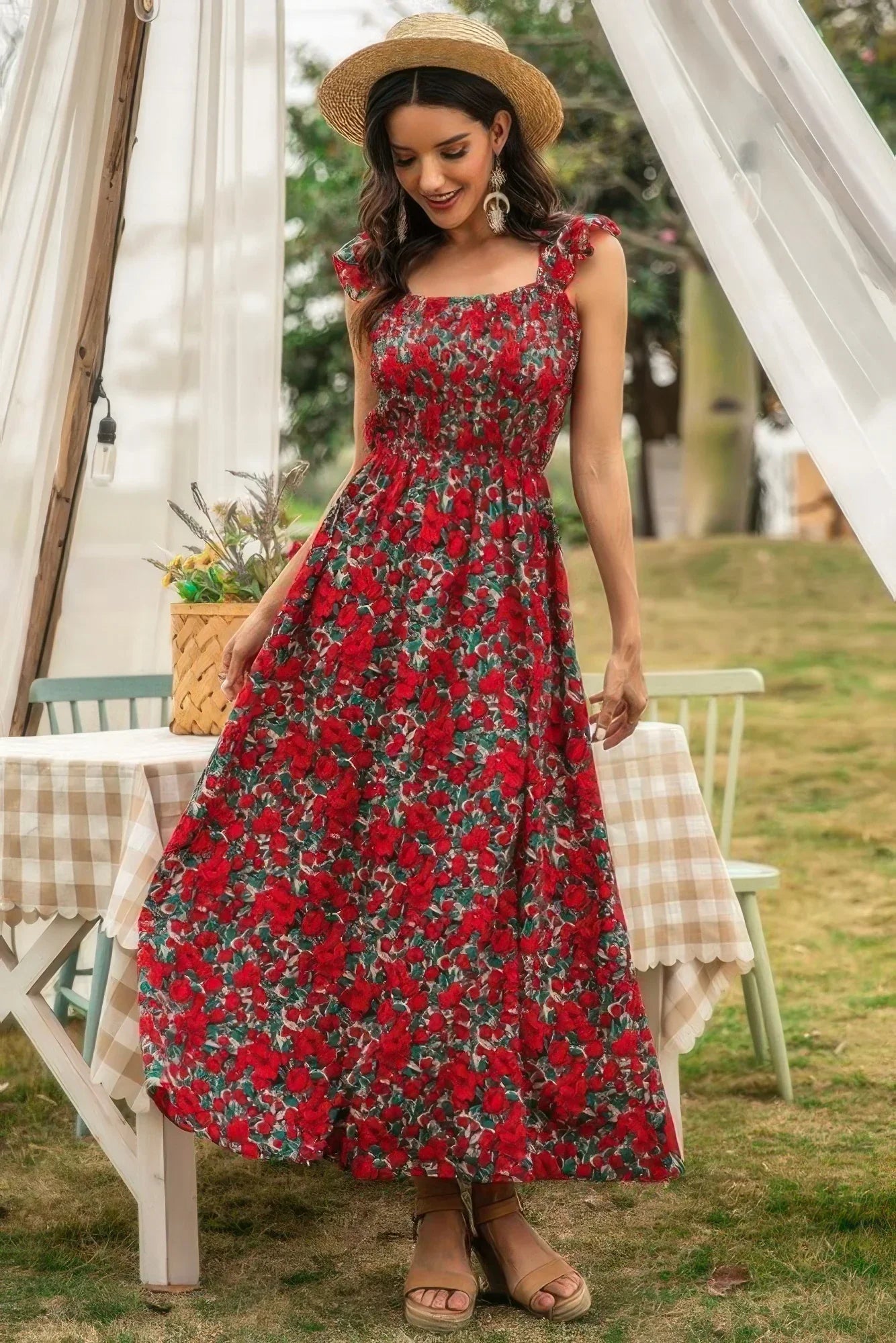 Scoop Neck Maxi Dress - Sleeveless Floral Long Dress for Women - minbolu