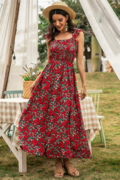 Scoop Neck Maxi Dress - Sleeveless Floral Long Dress for Women - minbolu