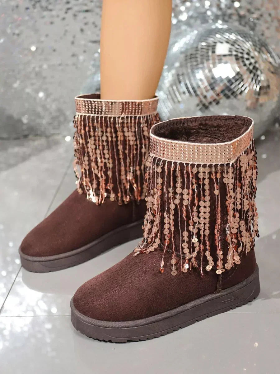 Sequin Fringe Suede Winter Boots - minbolu -