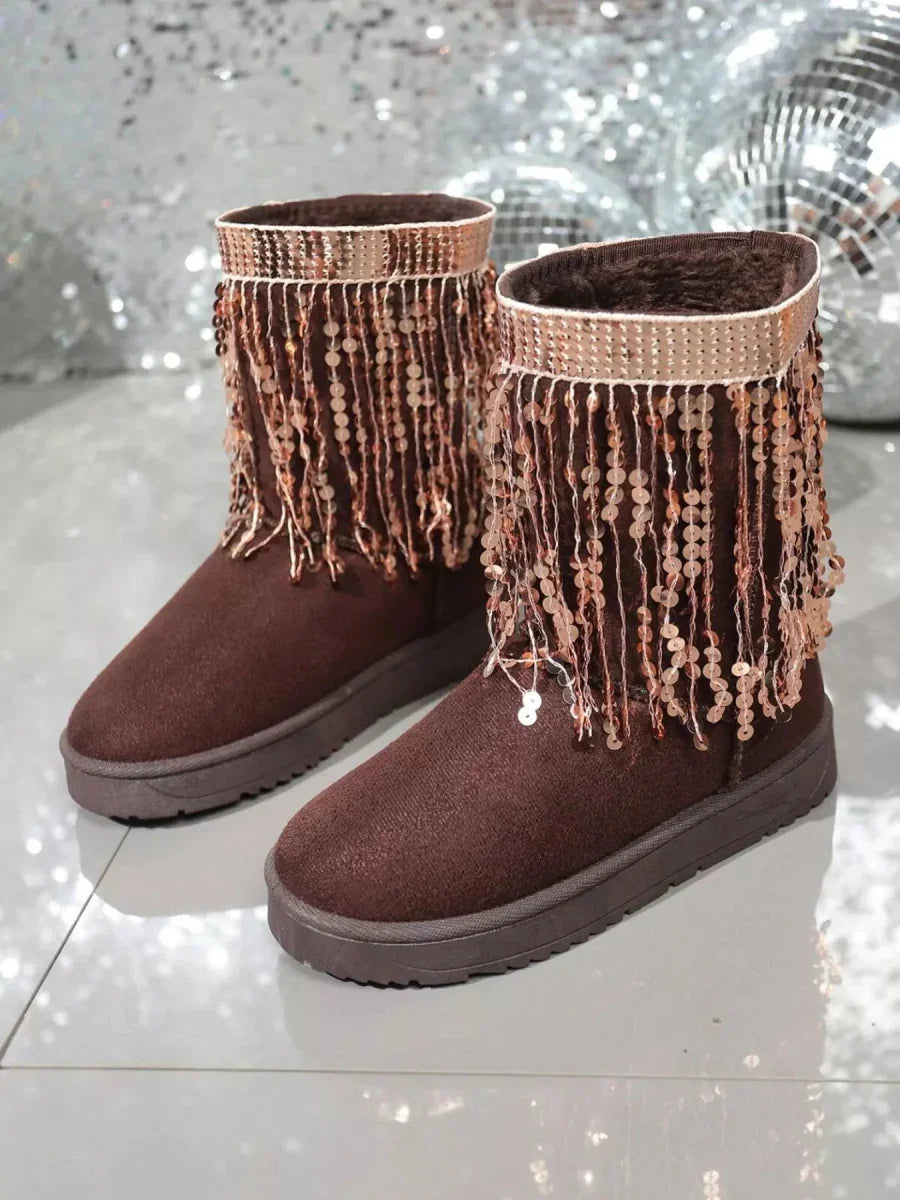 Sequin Fringe Suede Winter Boots - minbolu -