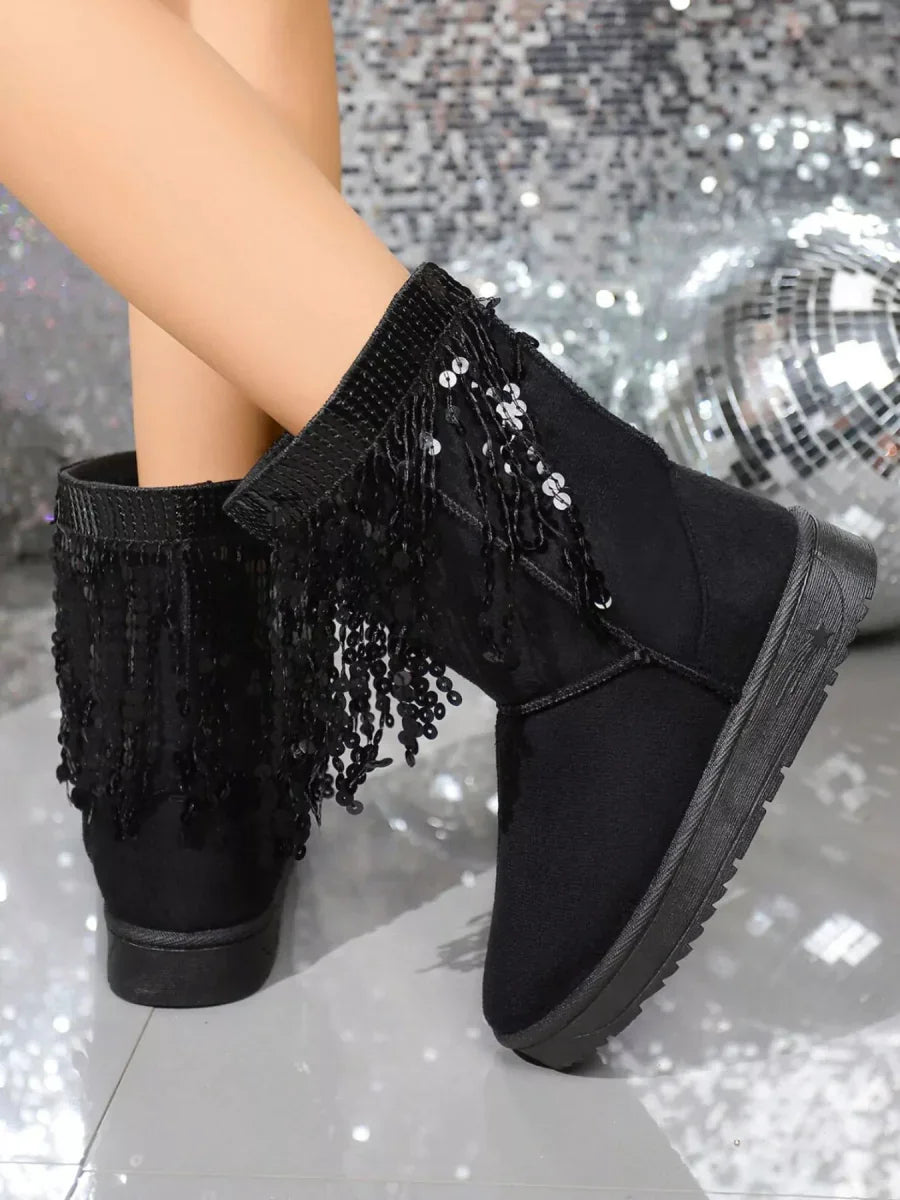 Sequin Fringe Suede Winter Boots - minbolu -