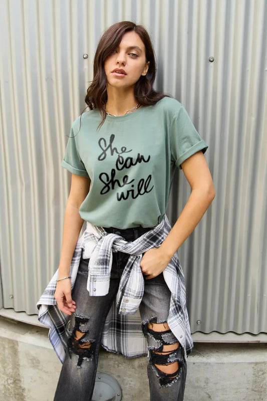 Simply Love Full Size SHE CAN SHE WILL Short Sleeve T-Shirt - minbolu -