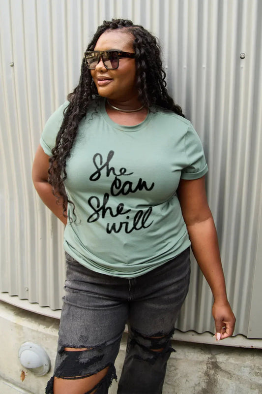 Simply Love Full Size SHE CAN SHE WILL Short Sleeve T-Shirt - minbolu -