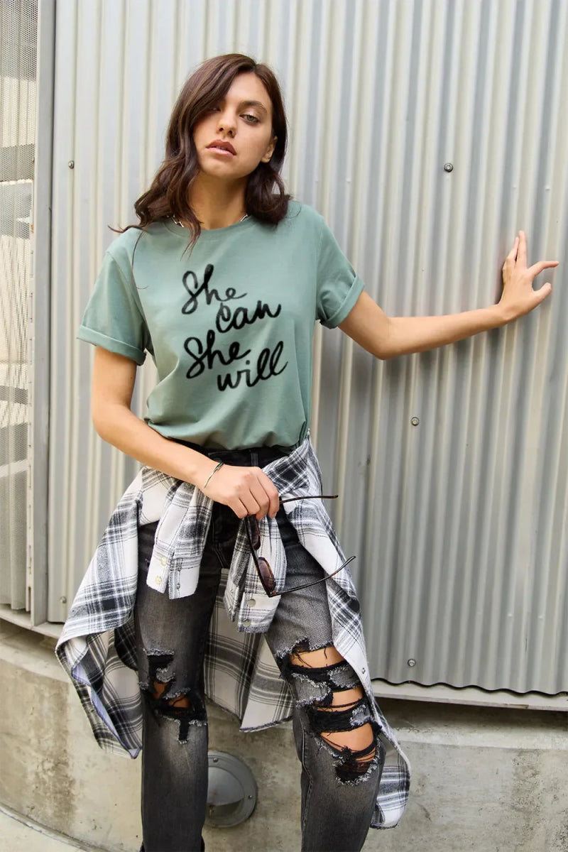 Simply Love Full Size SHE CAN SHE WILL Short Sleeve T-Shirt - minbolu -