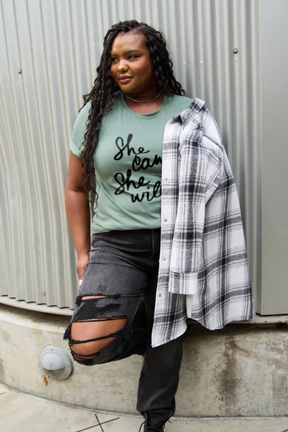 Simply Love Full Size SHE CAN SHE WILL Short Sleeve T-Shirt - minbolu -
