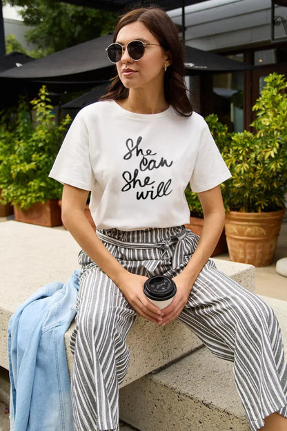 Simply Love Full Size SHE CAN SHE WILL Short Sleeve T-Shirt - minbolu -