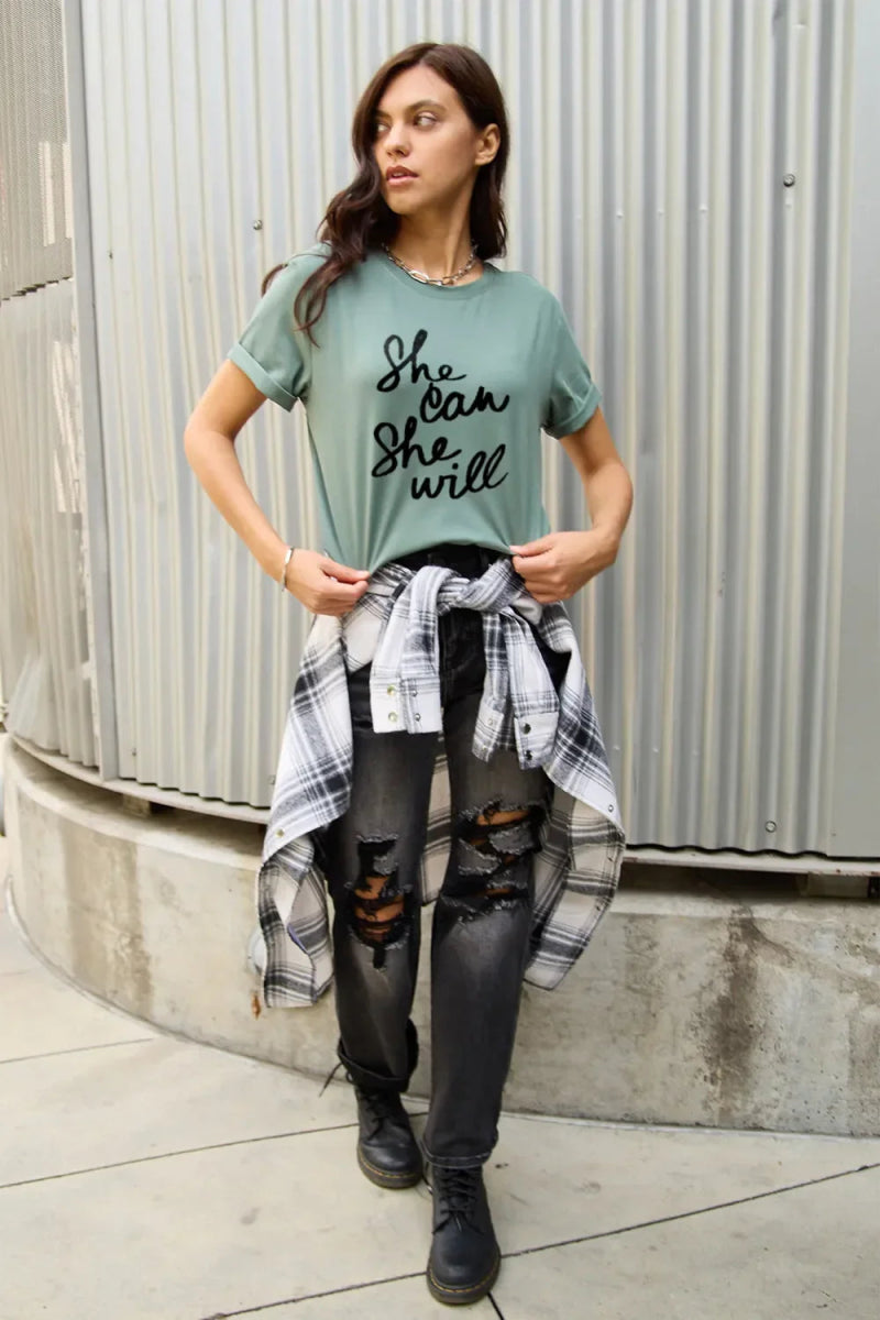 Simply Love Full Size SHE CAN SHE WILL Short Sleeve T-Shirt - minbolu -
