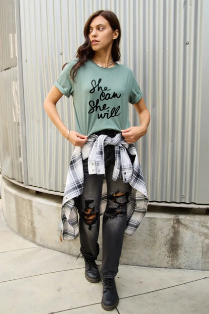 Simply Love Full Size SHE CAN SHE WILL Short Sleeve T-Shirt - minbolu -