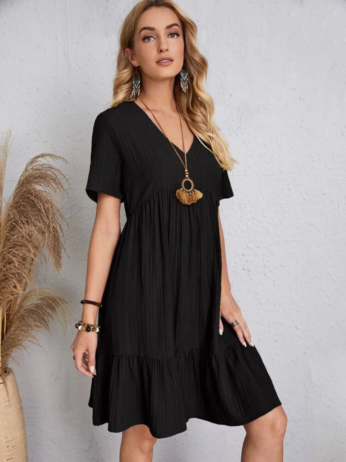 Short Sleeve Knee - Length Boho Dress - minbolu