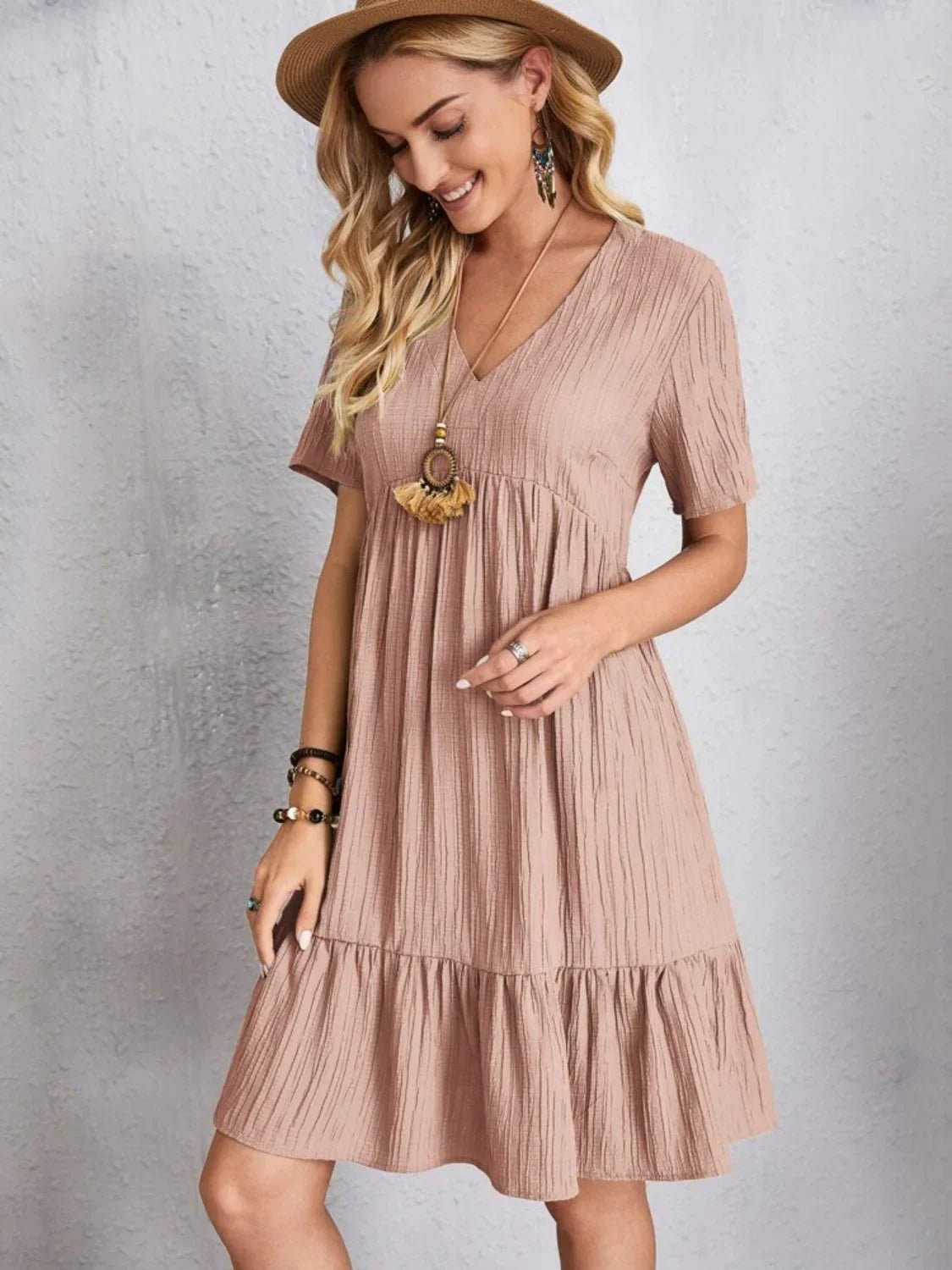 Short Sleeve Knee-Length Boho Dress - minbolu -