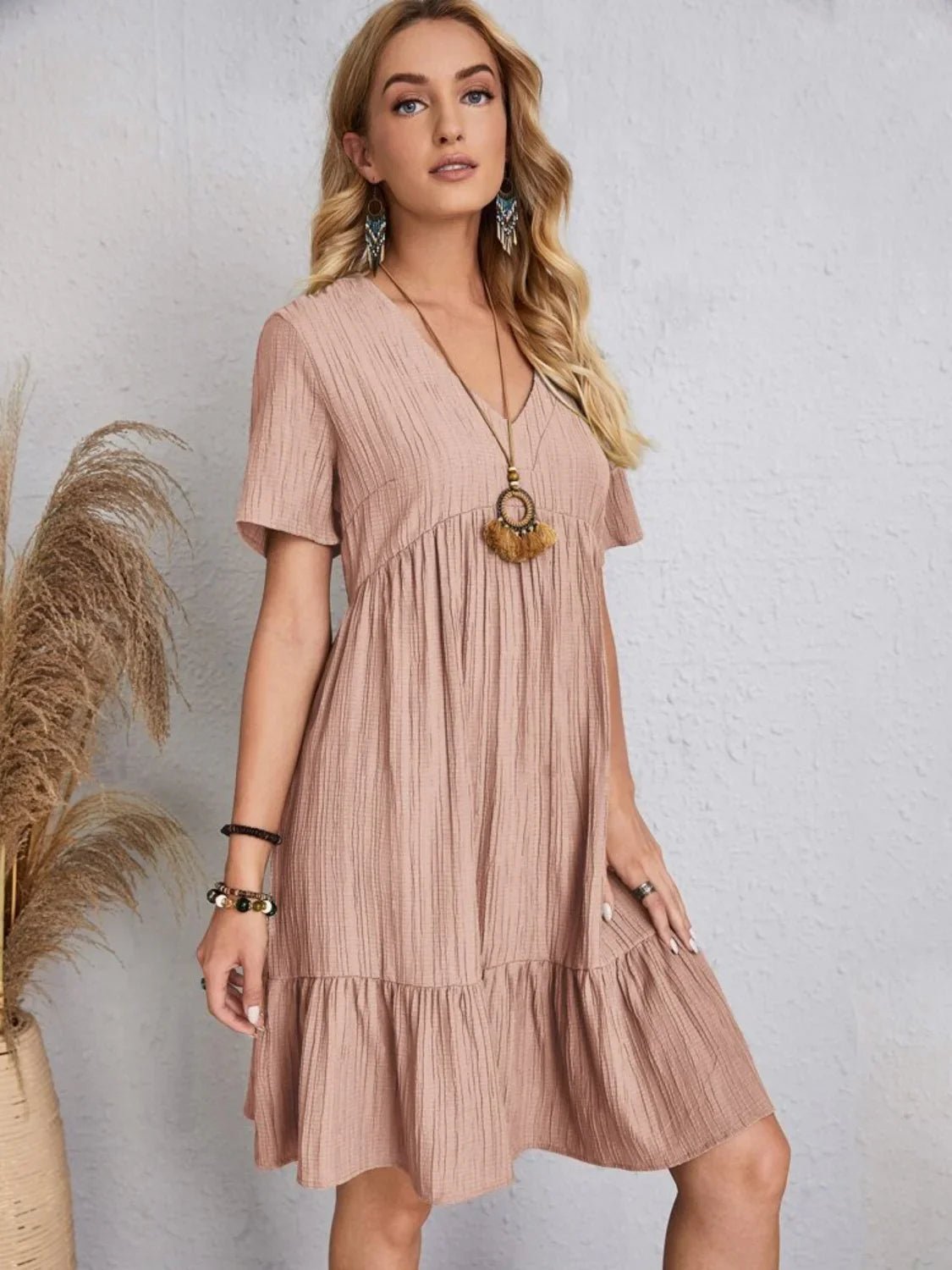 Short Sleeve Knee-Length Boho Dress - minbolu -