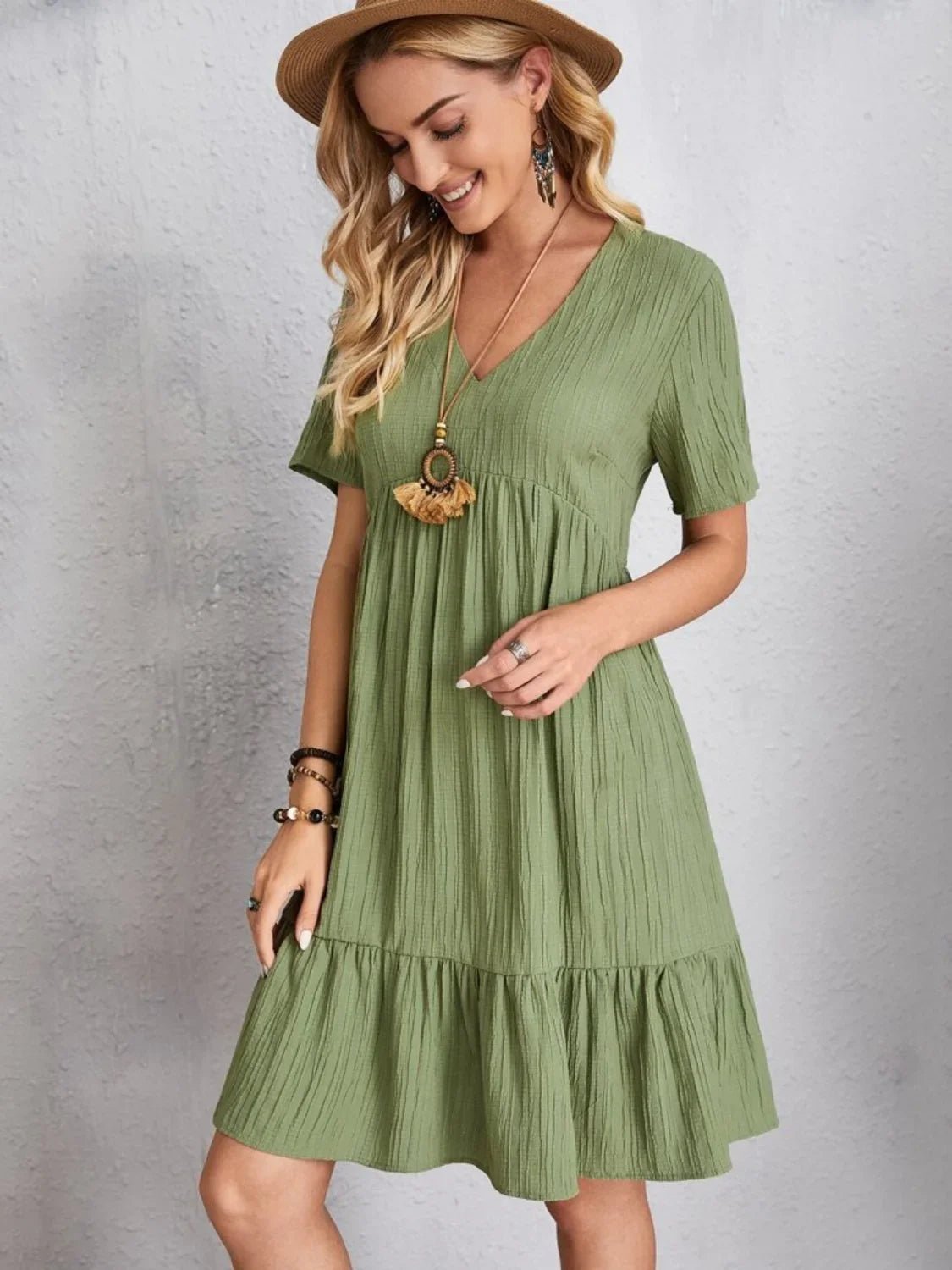 Short Sleeve Knee-Length Boho Dress - minbolu -