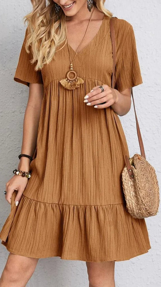Short Sleeve Knee - Length Boho Dress - minbolu