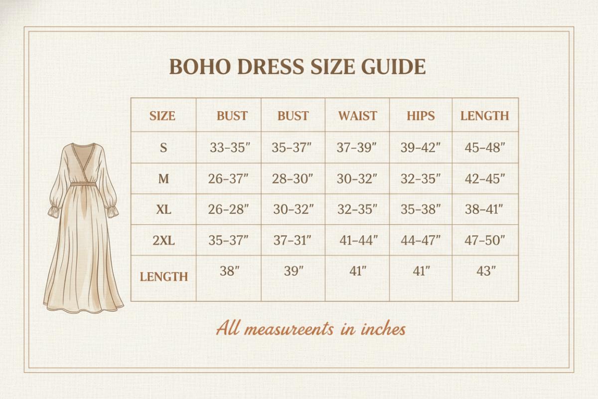 Size Chart for Short Sleeve Knee-Length Boho Dress