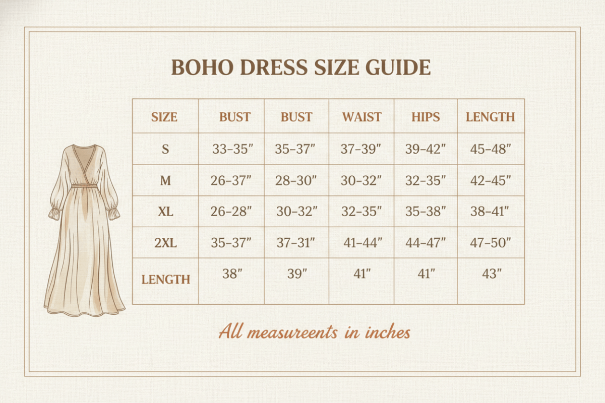 Size Chart for Short Sleeve Knee-Length Boho Dress