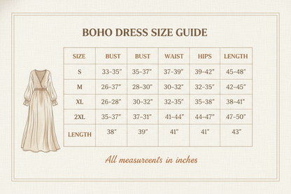 Size Chart for Short Sleeve Knee-Length Boho Dress