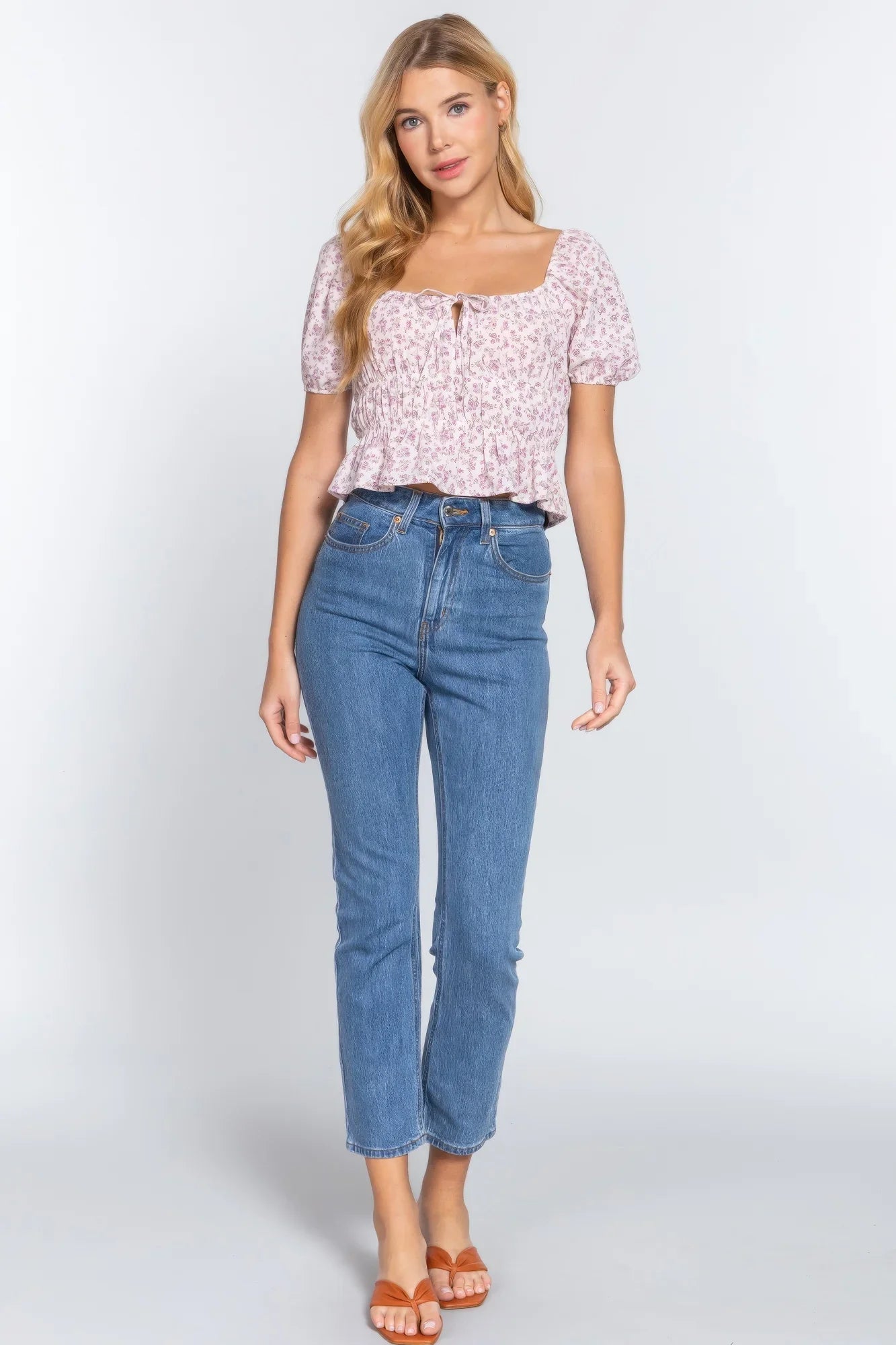 Short Sleeve Shirring Print Woven Top in Beige - minbolu -