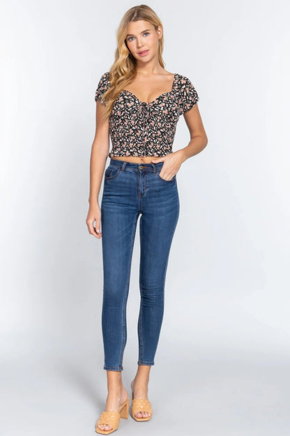 Short Sleeve Smocking Print Woven Top - Black - minbolu -