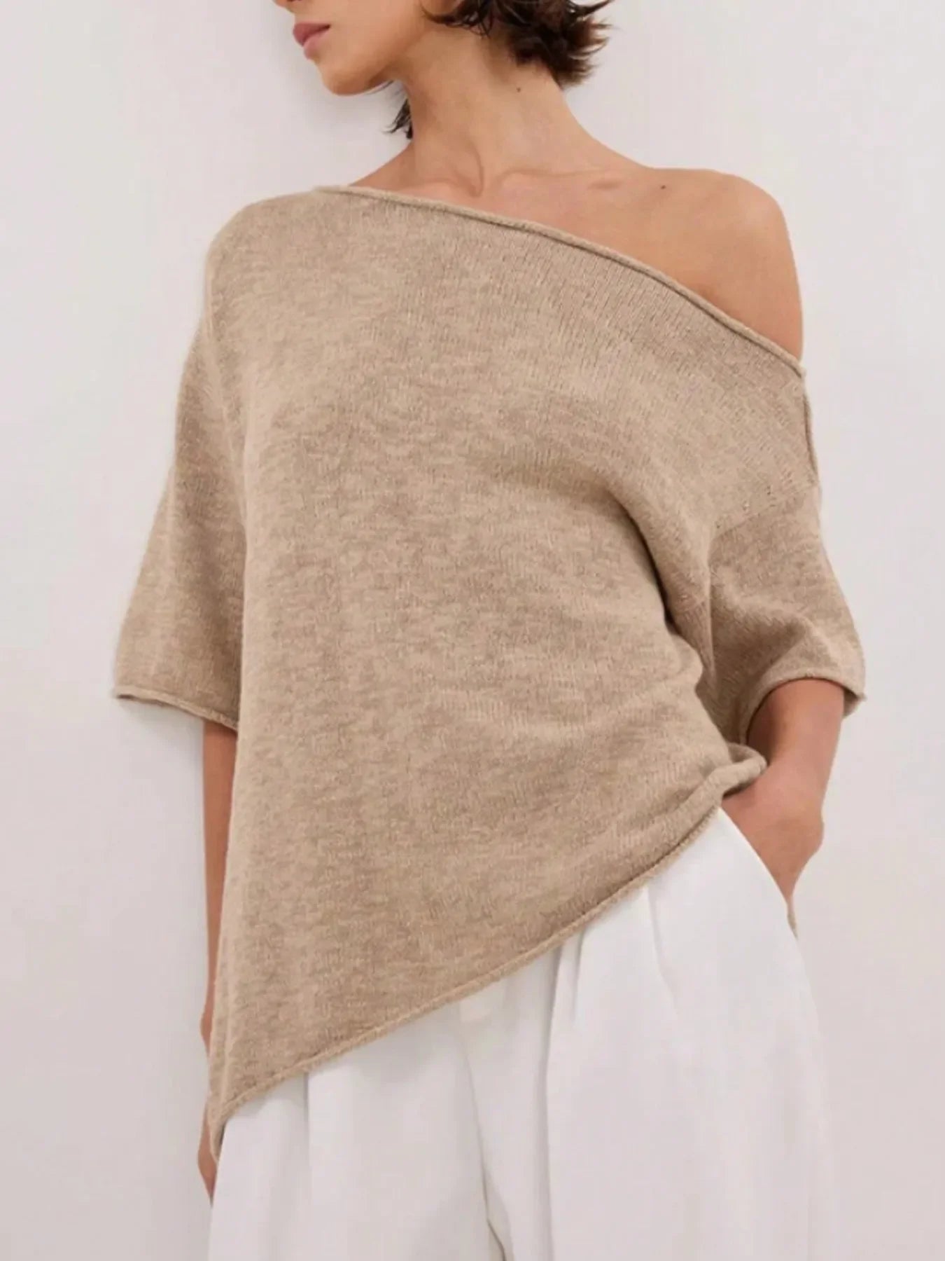 Single Shoulder Knit Top – Relaxed Fit, Italian Style - minbolu