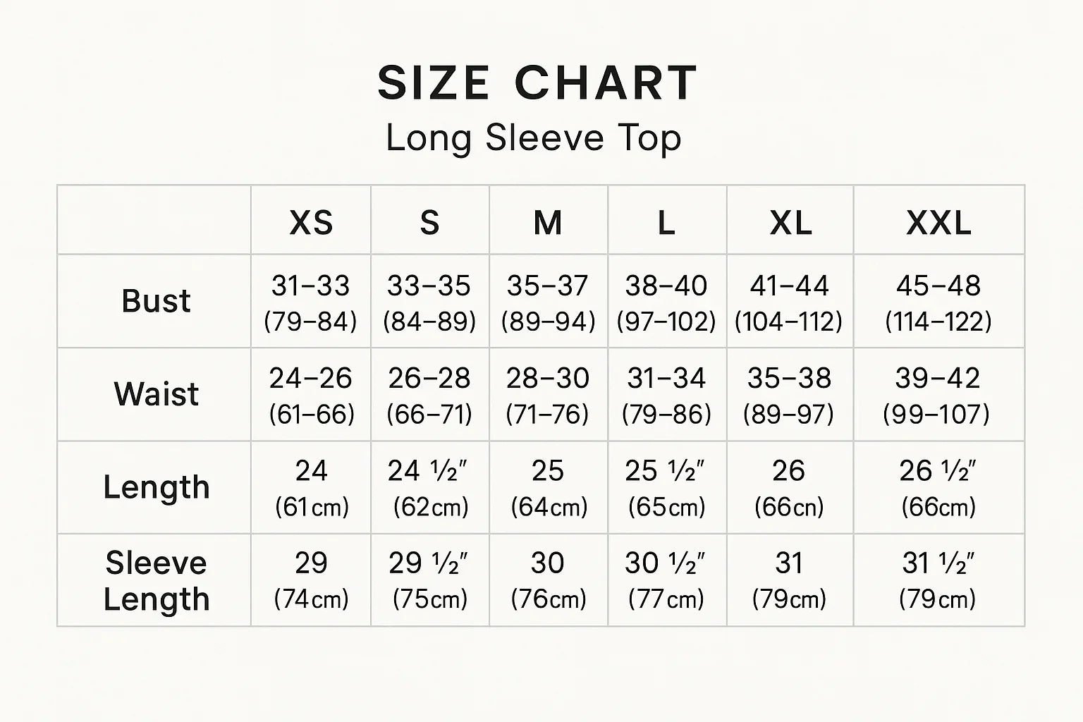 Size Chart for Long Sleeve Top
