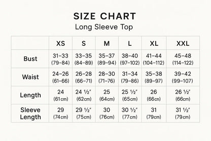 Size Chart for Long Sleeve Top