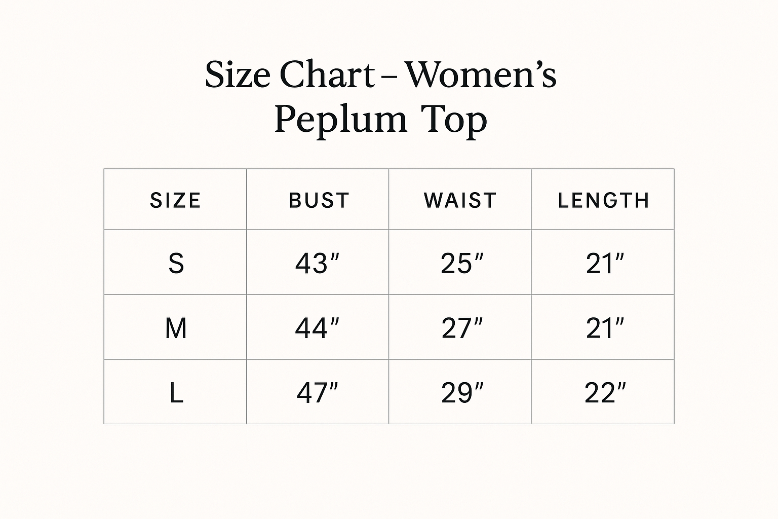 Size Chart - Women's Peplum Top Measurements