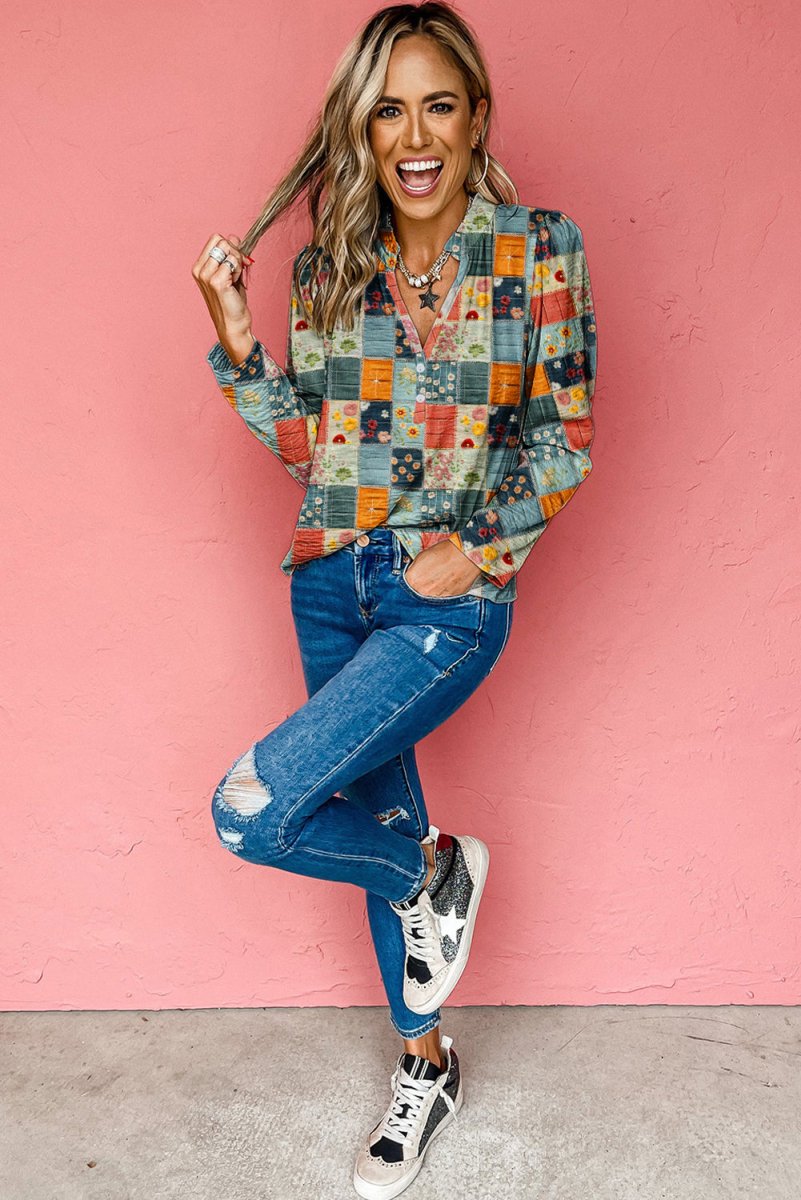 Sky Blue Checkered Floral Patchwork V Neck Blouse - minbolu -