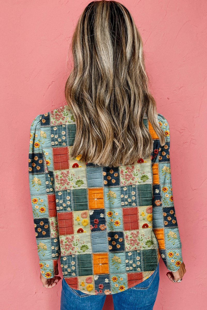 Sky Blue Checkered Floral Patchwork V Neck Blouse - minbolu -