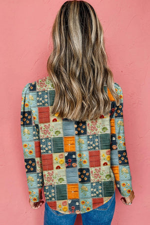 Sky Blue Checkered Floral Patchwork V Neck Blouse - minbolu -