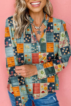 Sky Blue Checkered Floral Patchwork V Neck Blouse - minbolu -