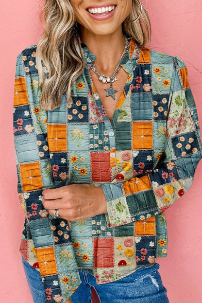 Sky Blue Checkered Floral Patchwork V Neck Blouse - minbolu -