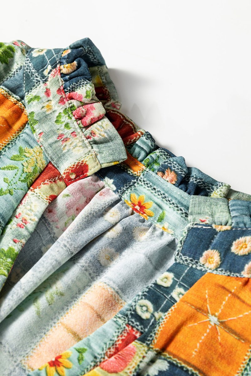 Sky Blue Checkered Floral Patchwork V Neck Blouse - Blouses - minbolu