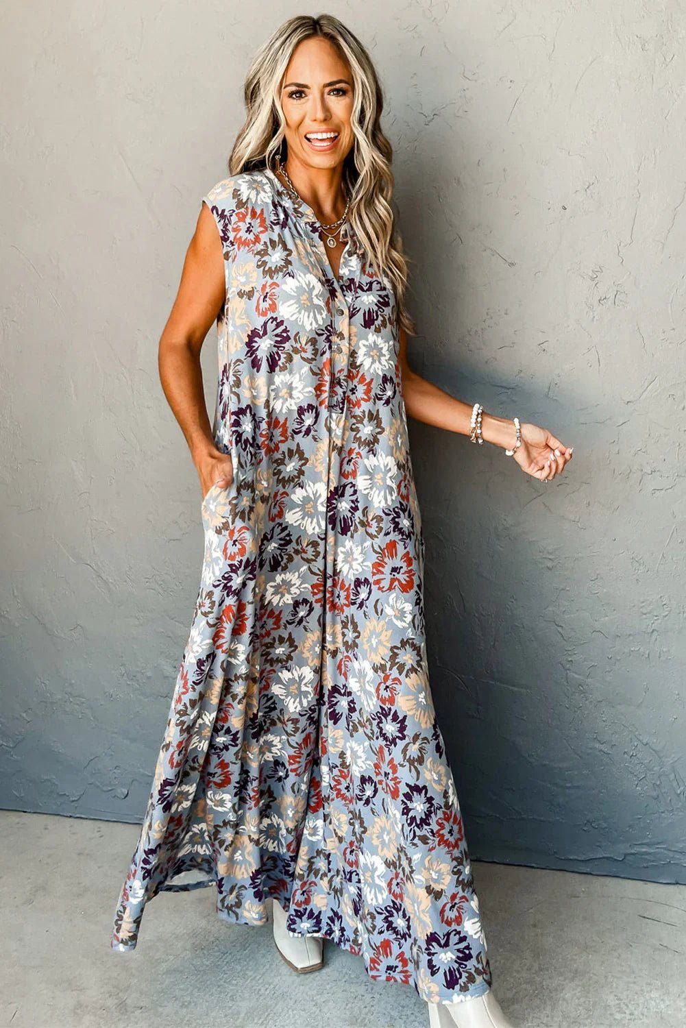 Sky Blue Floral Sleeveless Pocketed Wide Leg Jumpsuit - minbolu