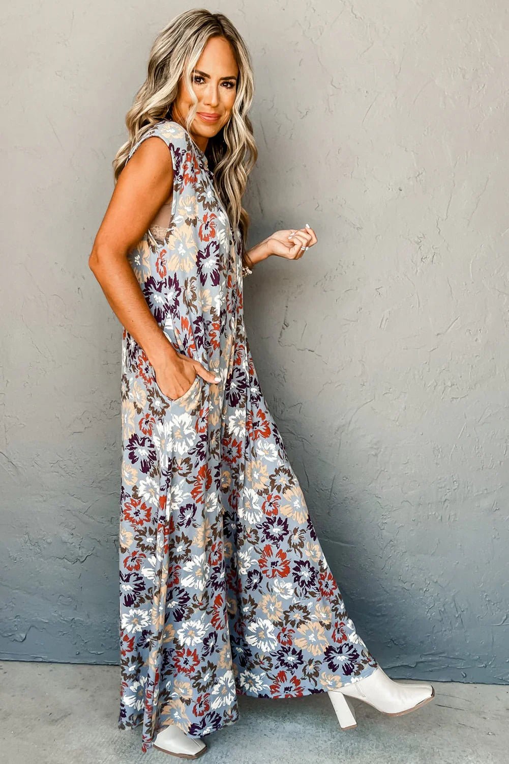 Sky Blue Floral Sleeveless Pocketed Wide Leg Jumpsuit - minbolu