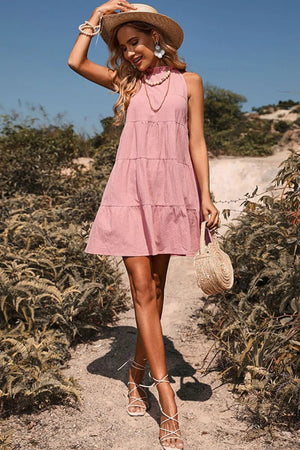 Sleeveless Tiered Ruffle Collar Dress - minbolu -