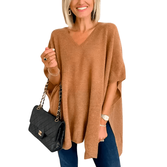 Slit V - Neck Half Sleeve Knit Top - minbolu