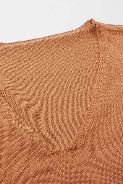 Slit V - Neck Half Sleeve Knit Top - minbolu