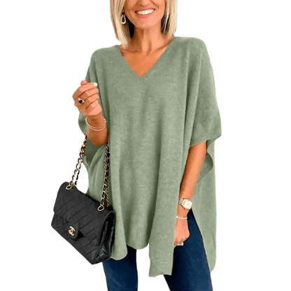 Slit V - Neck Half Sleeve Knit Top - minbolu