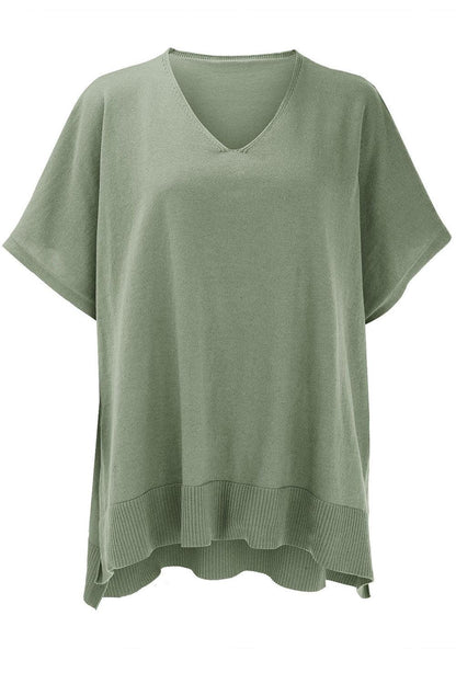 Slit V - Neck Half Sleeve Knit Top - minbolu