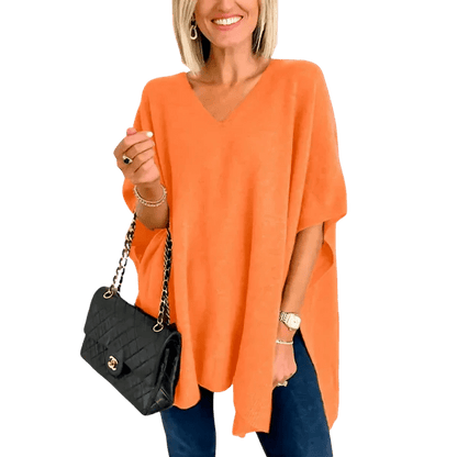 Slit V - Neck Half Sleeve Knit Top - minbolu
