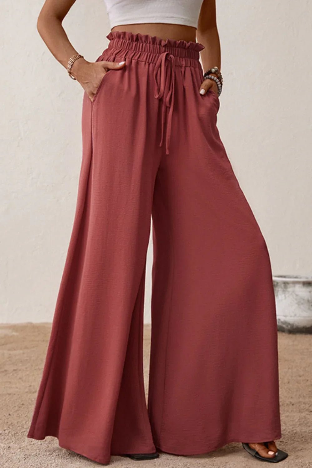 Smocked Paperbag Wide Leg Pants - Trendy & Comfortable - minbolu -