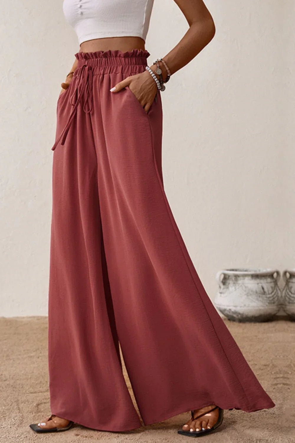 Smocked Paperbag Wide Leg Pants - Trendy & Comfortable - minbolu -