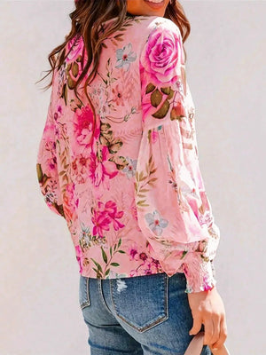 Smocked Printed Round Neck Lantern Sleeve Blouse - minbolu -